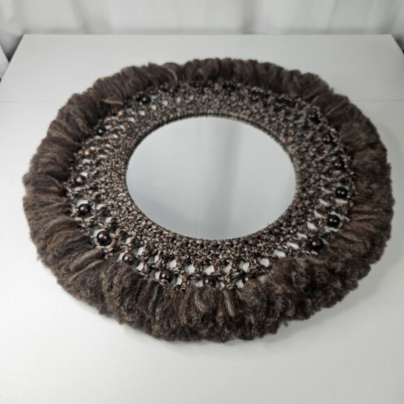 Vintage Large Macrame Wood Beaded Hanging Mirror 22" Boho Chic 70s Inspired - Picture 2 of 7